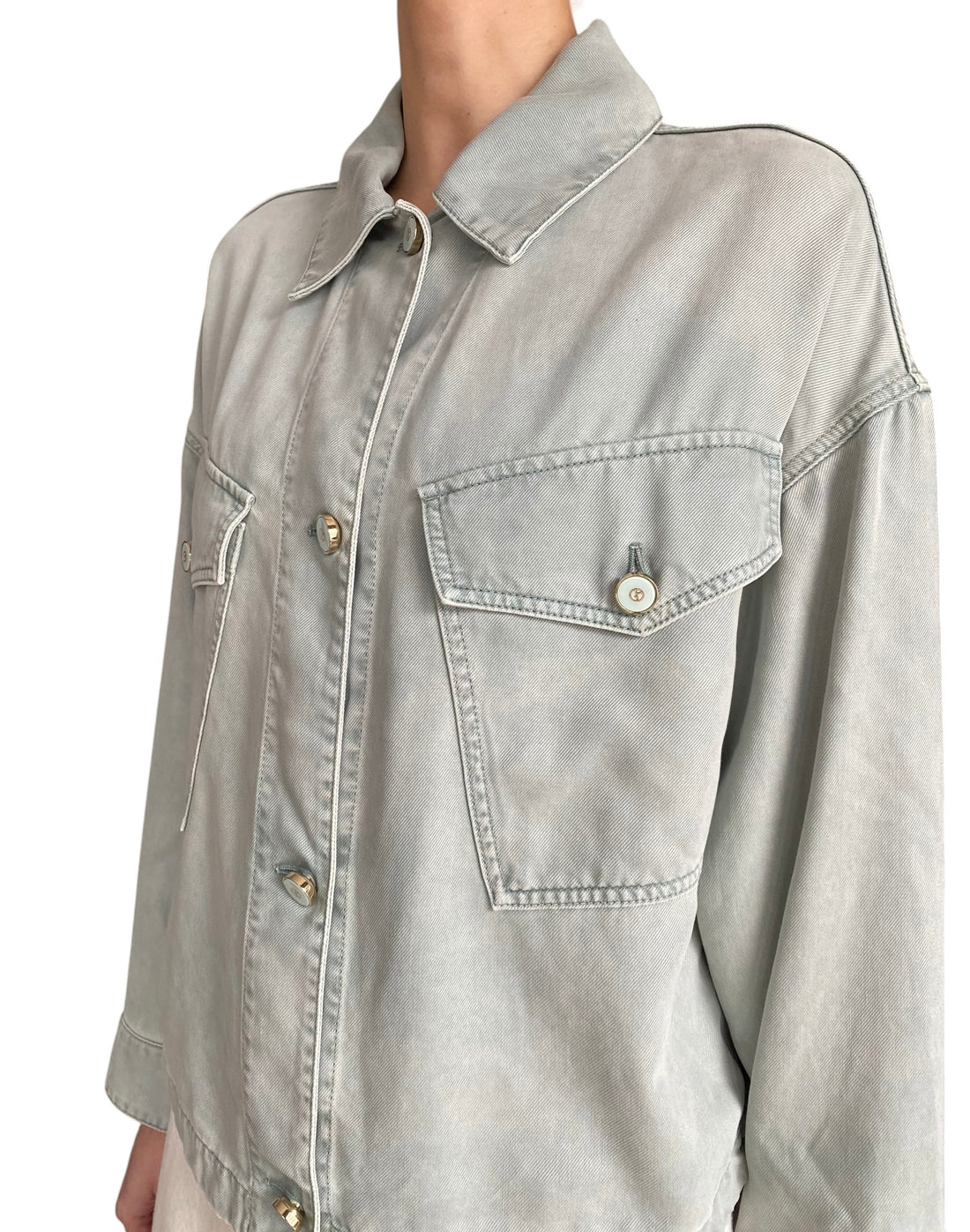 Giorgio Armani Mint Green Denim Chambray Shirt Jacket - 40 / US 6-8