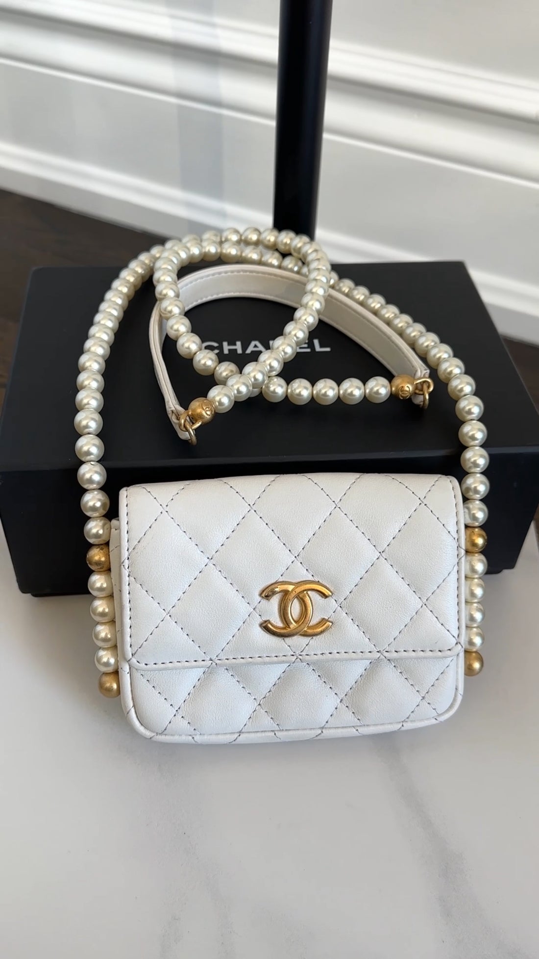 Chanel Ivory White About Pearls Mini Card Holder on Strap