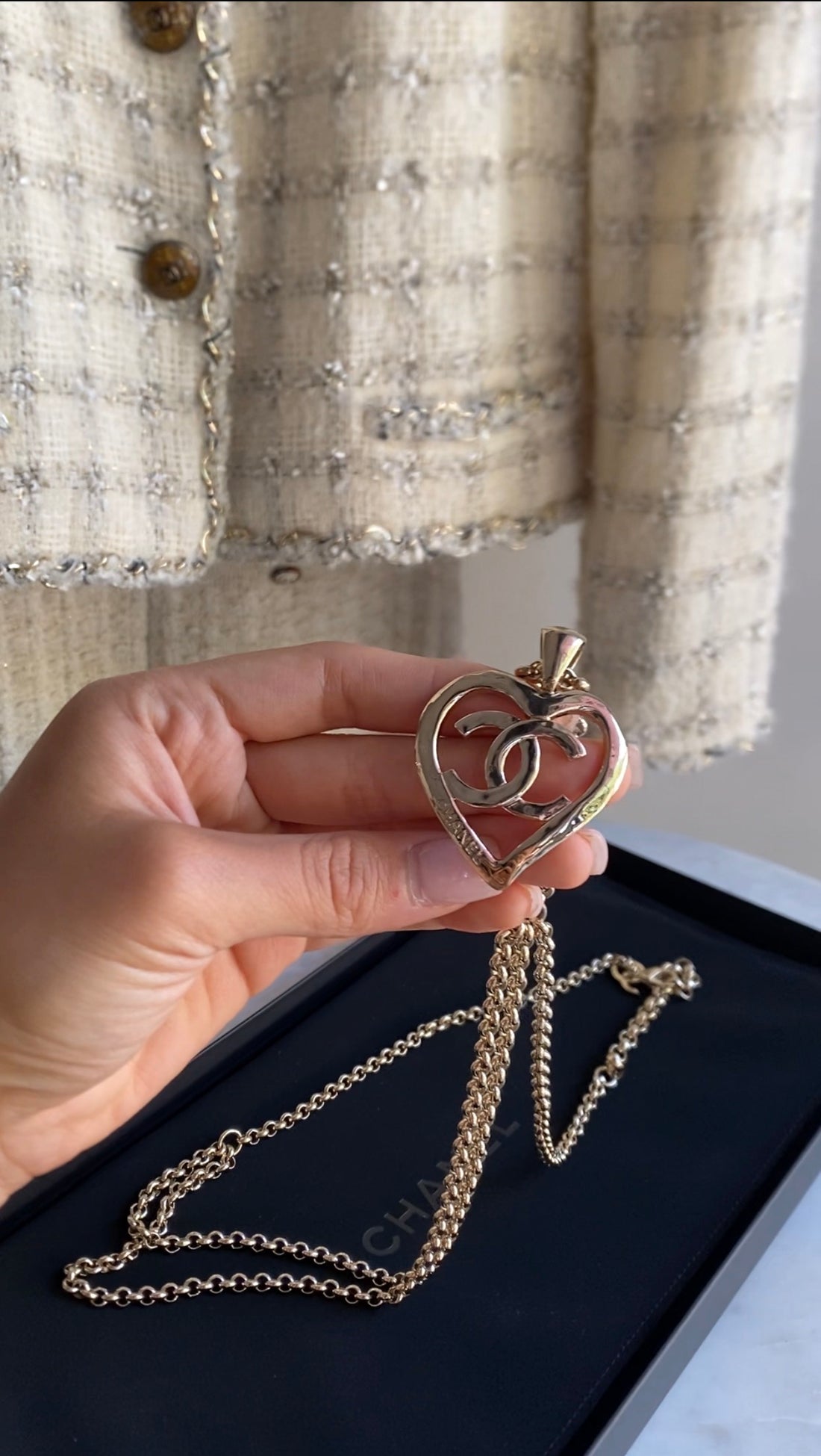 Chanel Light Gold Tone B22 P Chain Belt with CC Dangling Heart