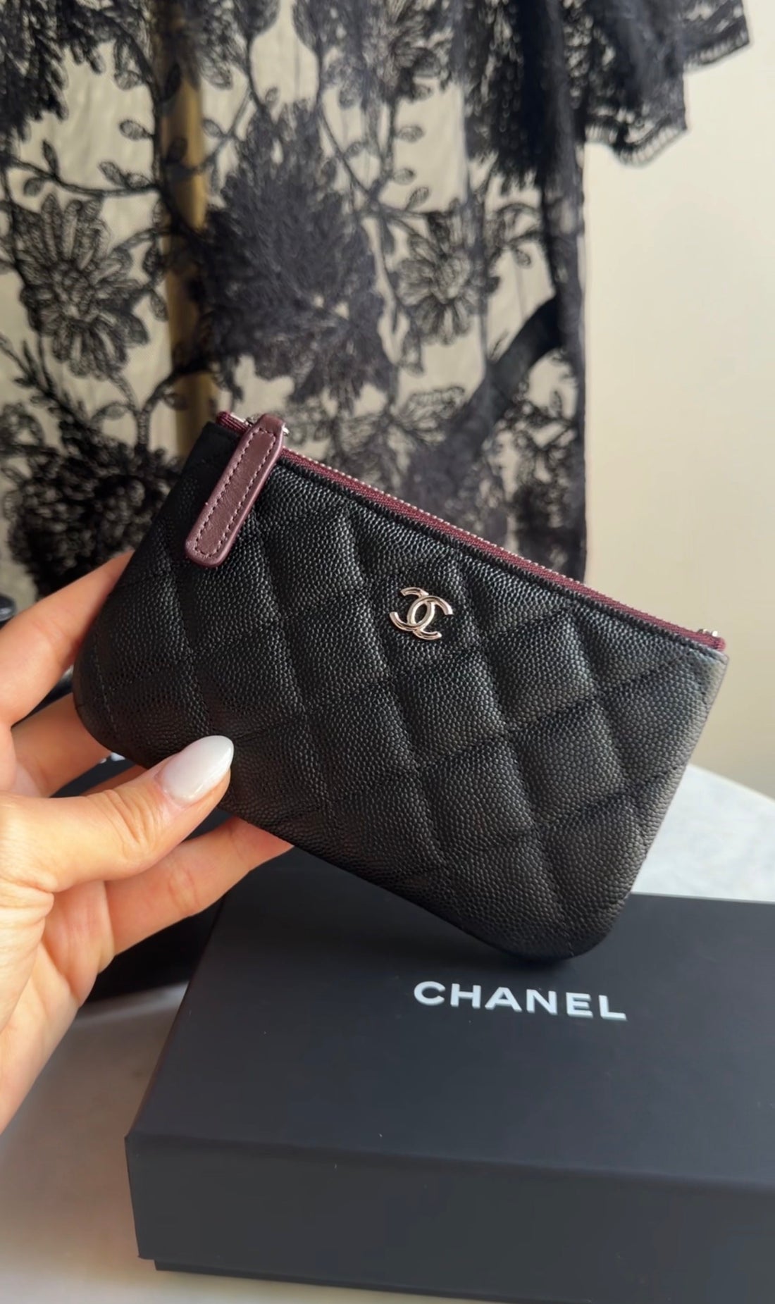 Chanel Black Quilted Caviar Leather Small O Case Small Zip Pouch