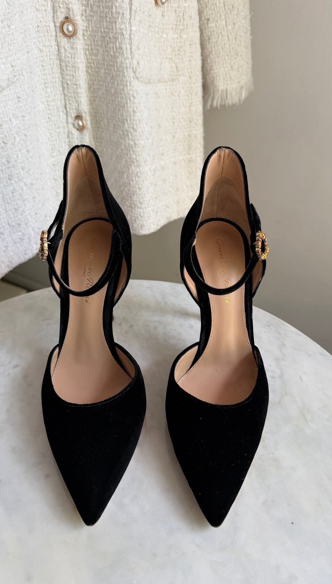 Gianvito Rossi Black Crystal Buckle Velvet Sofia D'Orsay Pump - 36.5