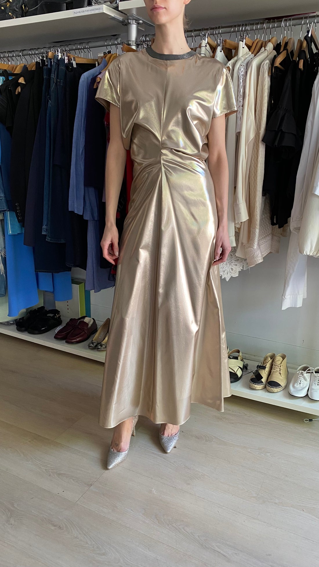 Brunello Cucinelli Brass Lamé Silk Twill Monili Collar Gathered Gown - M / US 6