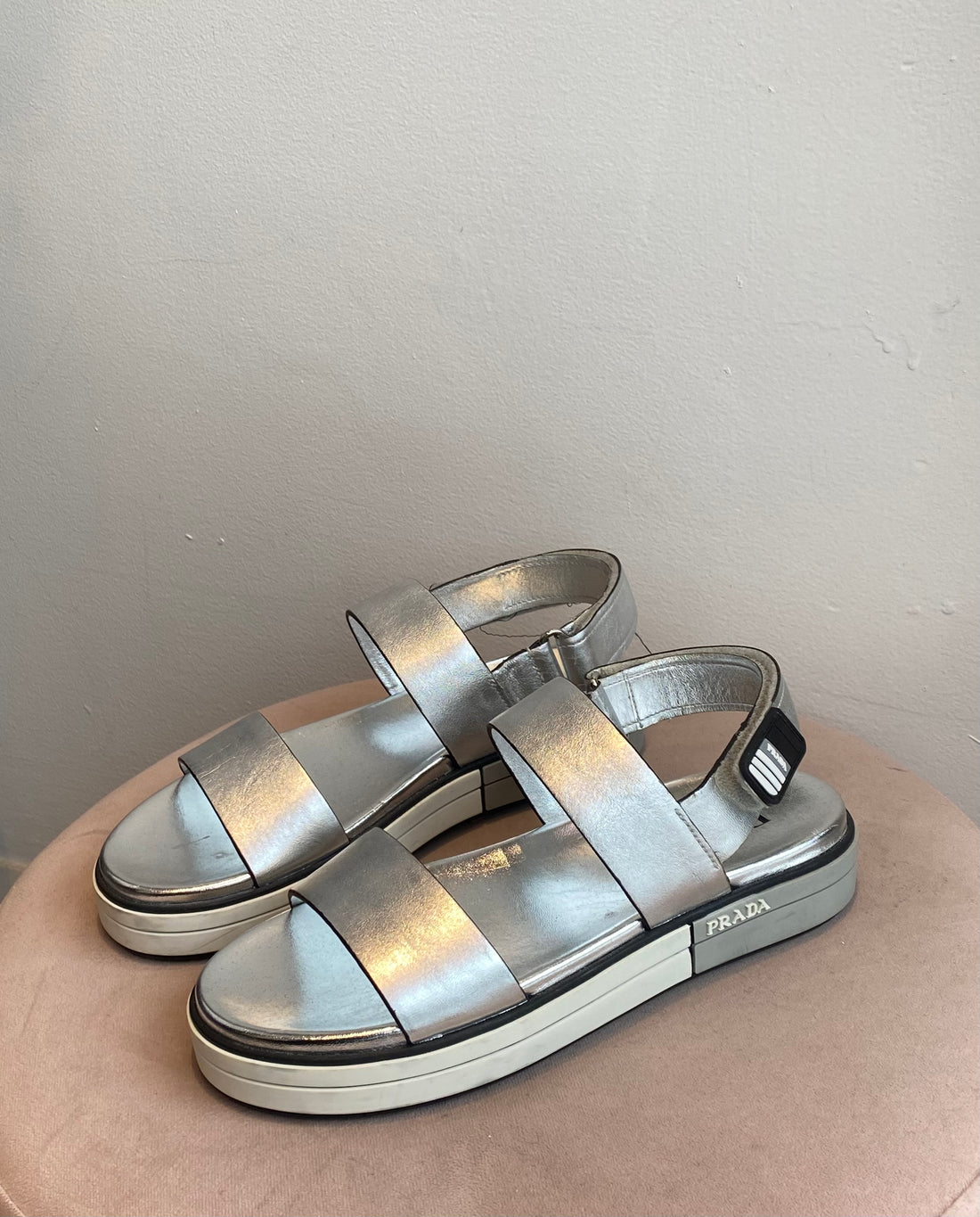 Prada Silver Metallic Leather Sandals - 37