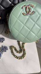 Chanel Mint Green Quilted Leather CC Strass Mini Round Clutch Bag