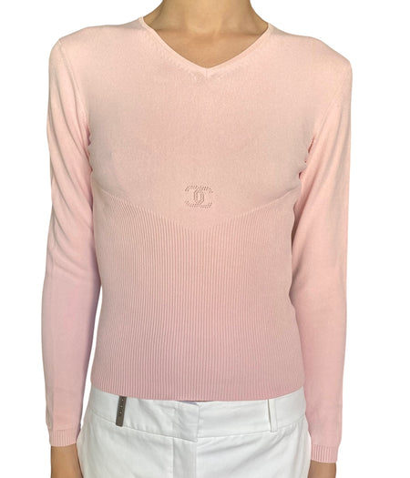 Chanel Pink SS 2005 V-Neck Long Sleeve Logo Top - FR40 / US 6-8