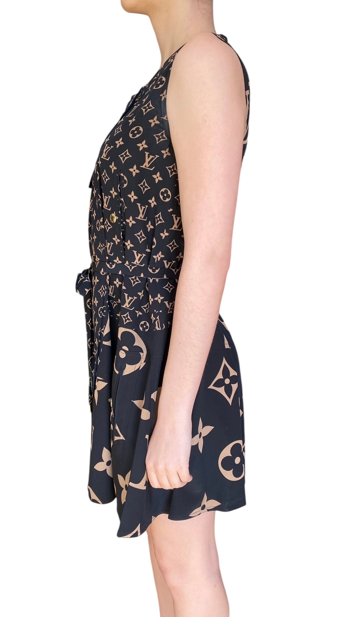 Louis Vuitton Black and Brown Monogram Print Belted Silk Mini Dress - IT 36 / US 2