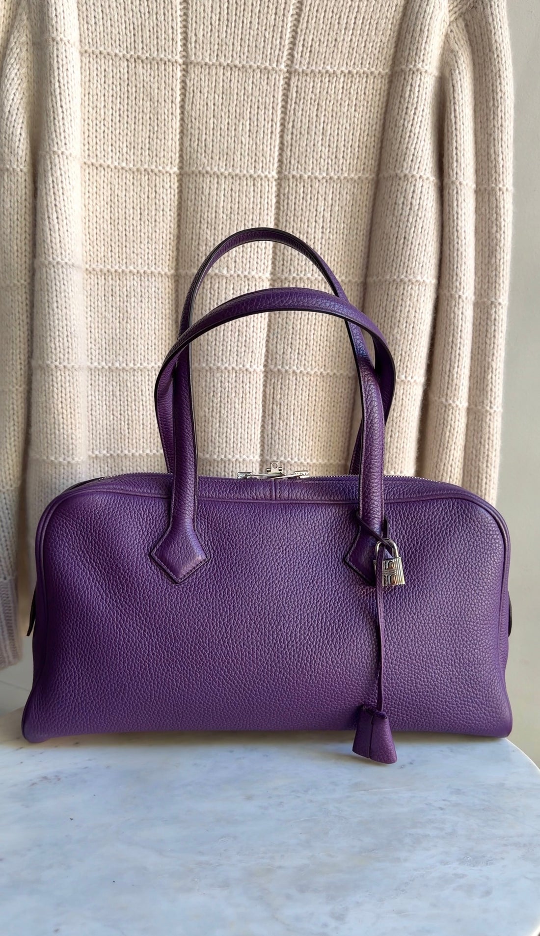 Hermes Clemence Leather Victoria Elan 38 Ultraviolet Bag PHW