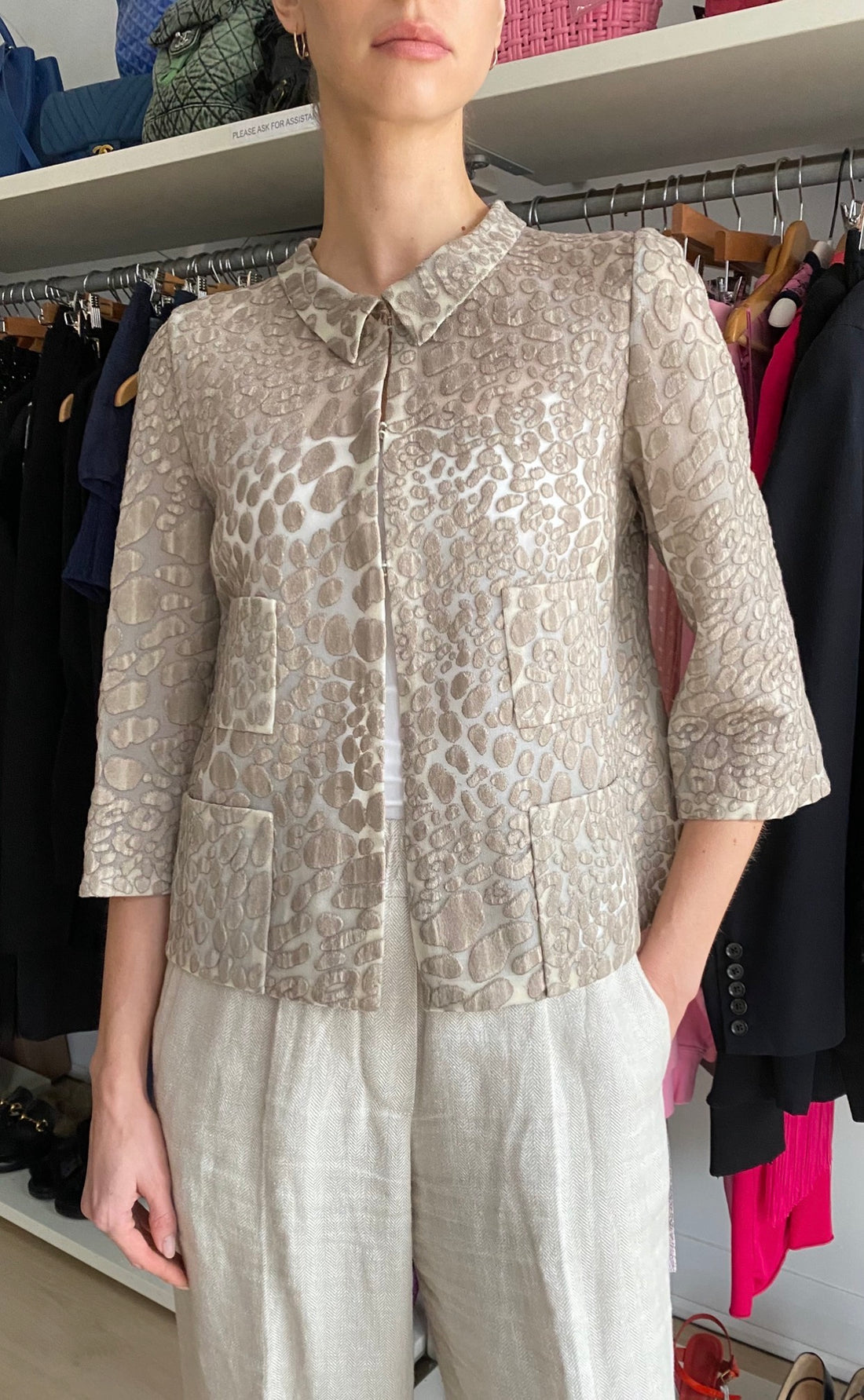 Giorgio Armani Taupe Velvet Leopard Effect Short Jacket - IT 46 / US 10