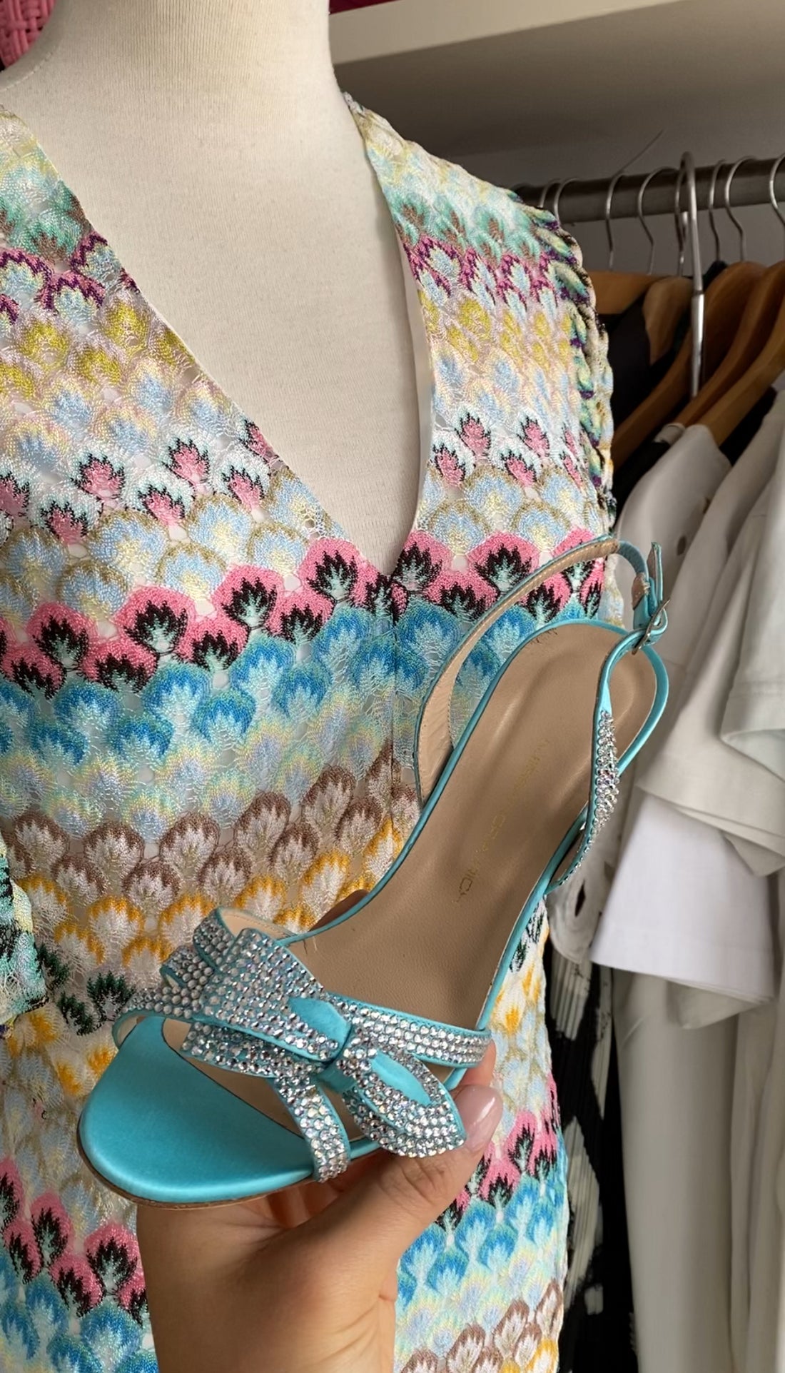 Alessandra Rich Aqua Blue Satin and Rhinestone Slingback Sandals - 38.5
