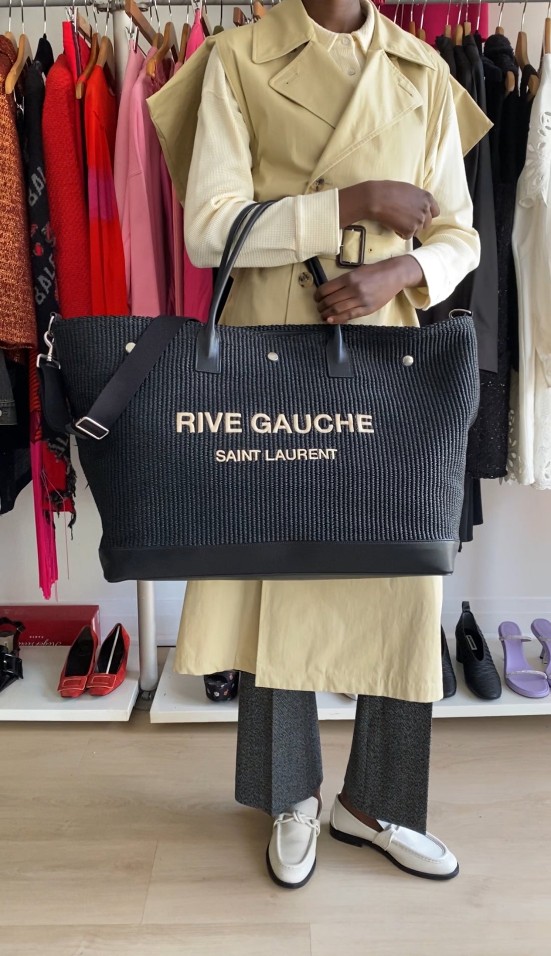 Saint Laurent Rive Gauche Black Raffia Large Overnight Travel Bag