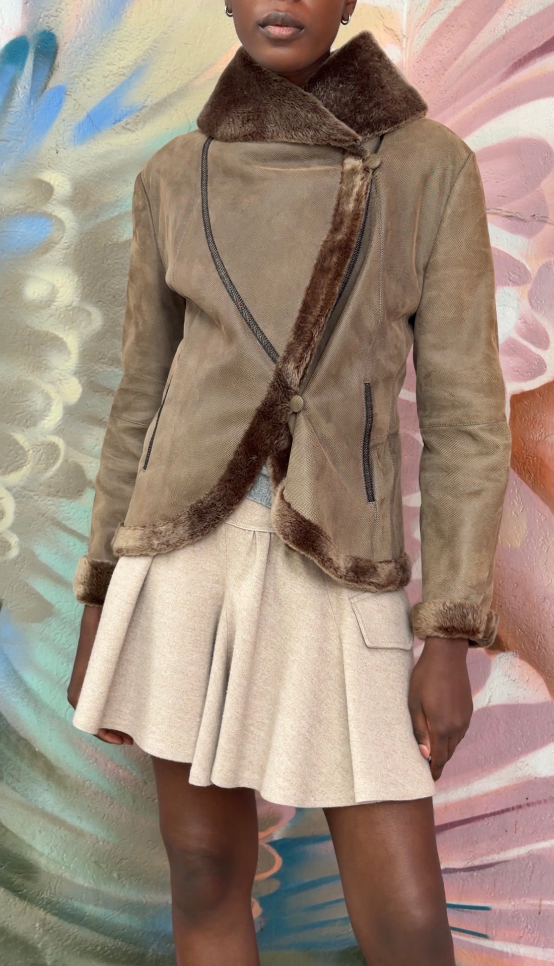 Giorgio Armani Taupe Brown Shearling Shawl Collar Short Jacket - 44