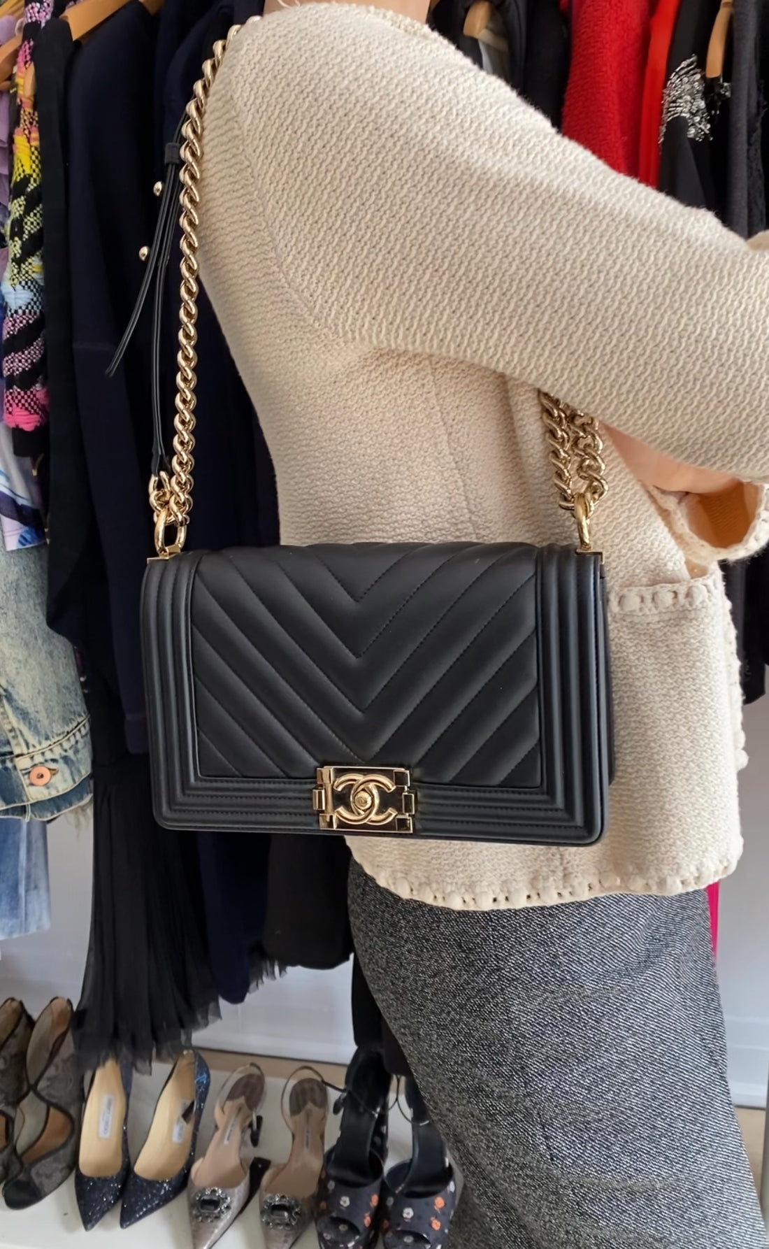 Chanel Black Chevron Quilted Leather Old Medium Le Boy Bag