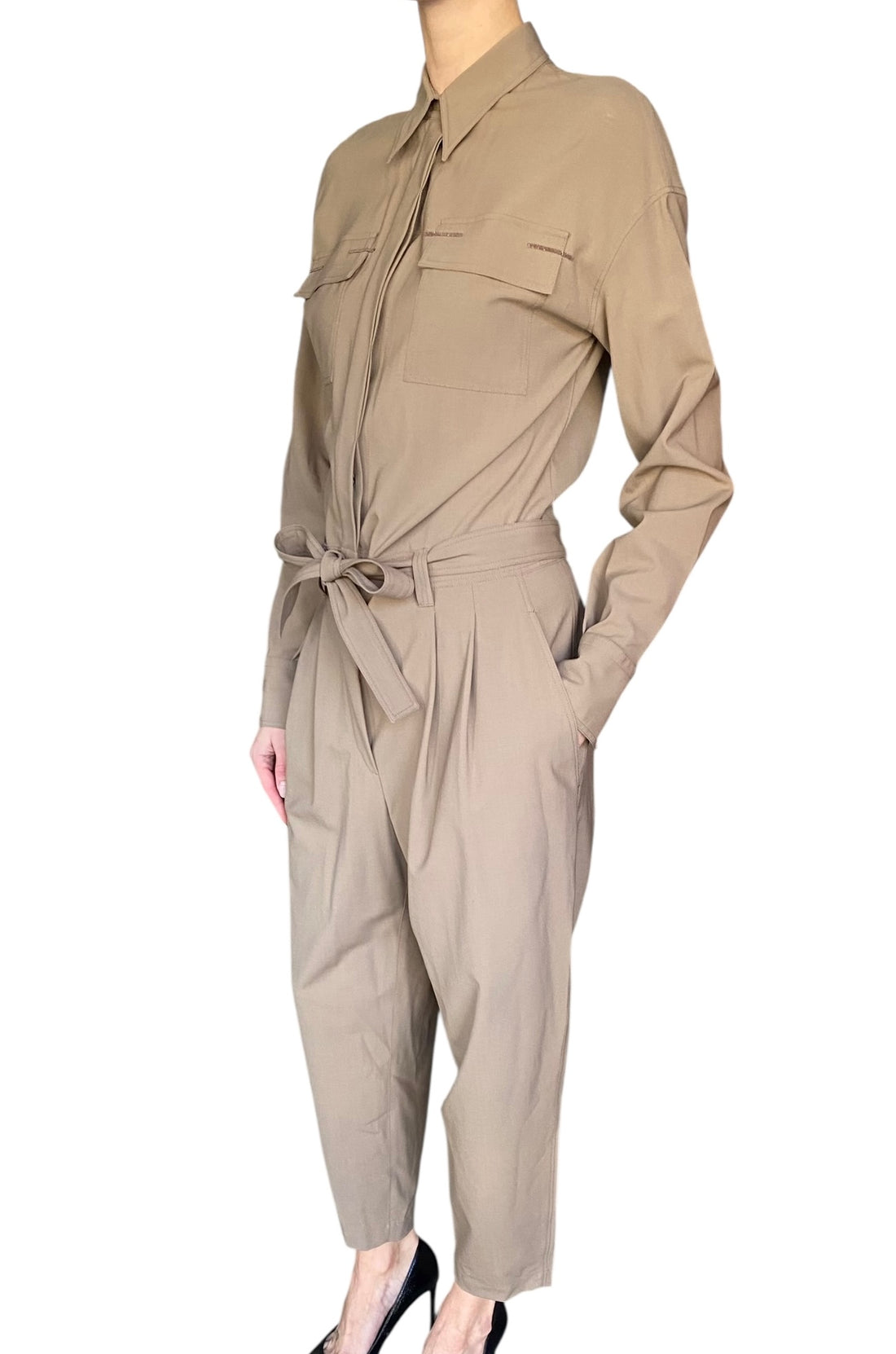 Brunello Cucinelli Khaki Wool Long Sleeve Belted Jumpsuit - M / US 6