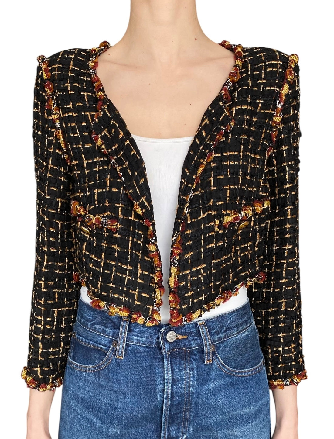 Chanel Cruise 2011 Black & Orange Multicolour Tweed Cropped Cardigan - FR 42 / US 8