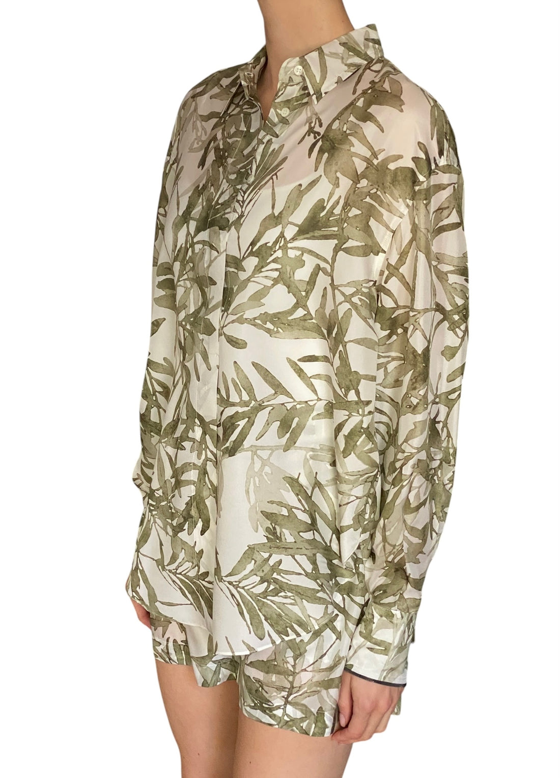 Brunello Cucinelli Green Silk Olive Print Long Sleeve Shirt - S / US 4-6