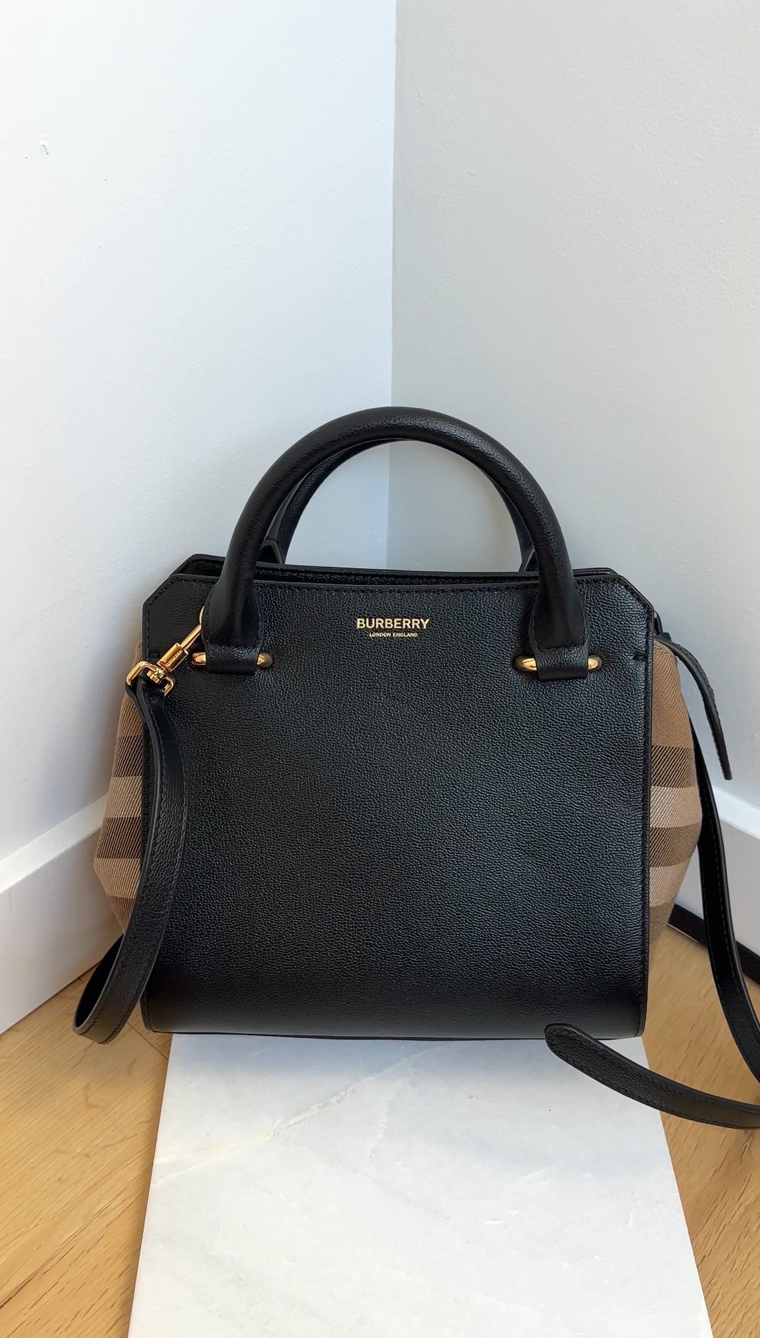 Burberry Black Leather House Check Mini Banwell Two Way Tote Bag