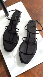 The Row Black Strappy Leather T Bar Flat Sandals - 37 / 7