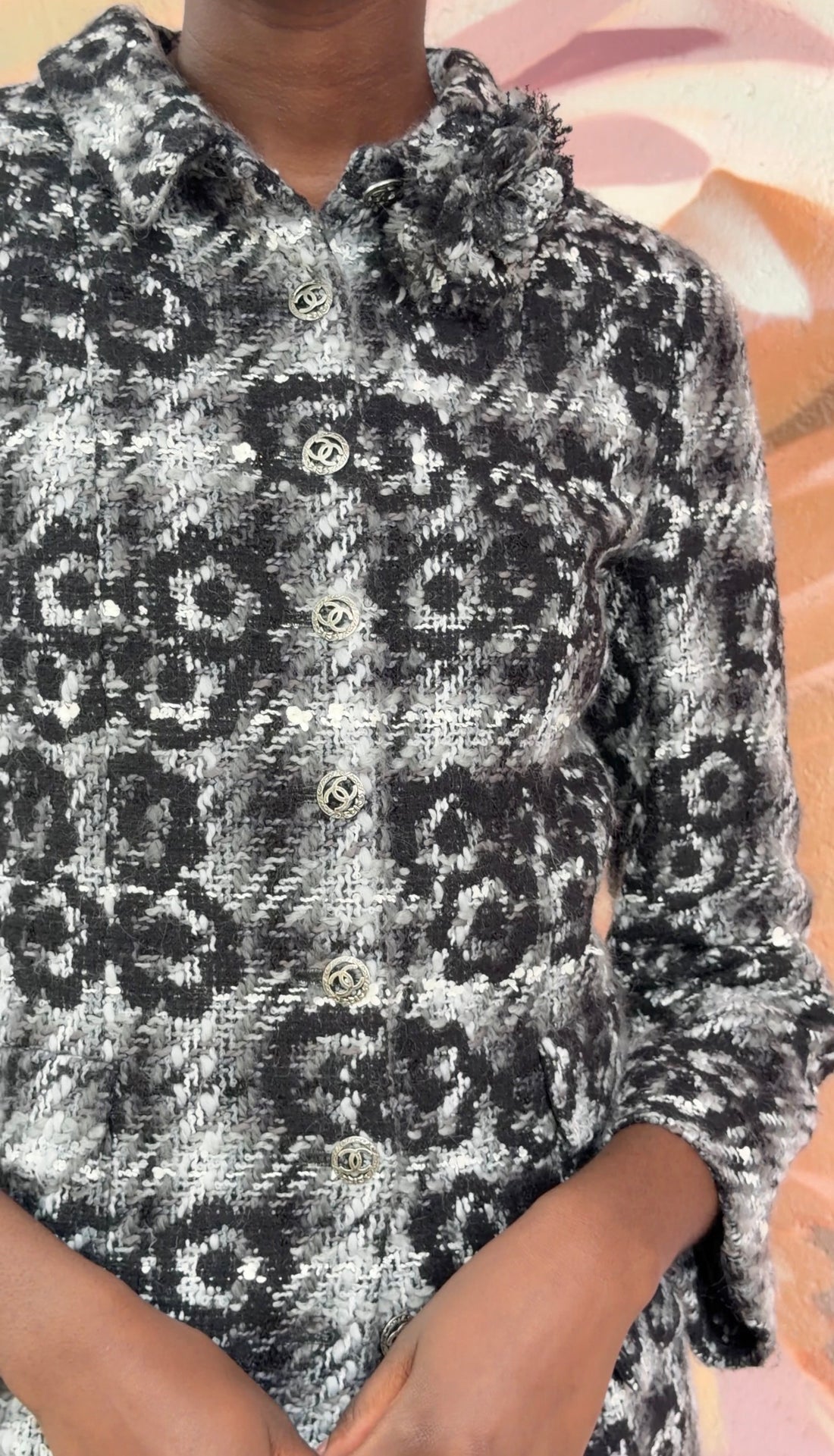 Chanel Black Grey 05A Tweed Wool Camelia Skirt and Coat 2pcs - 38