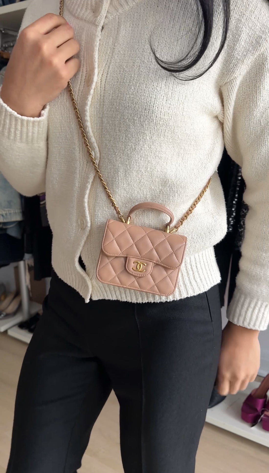 Chanel 21K Beige Quilted Lambskin Mini Top Handle Card Holder on Chain
