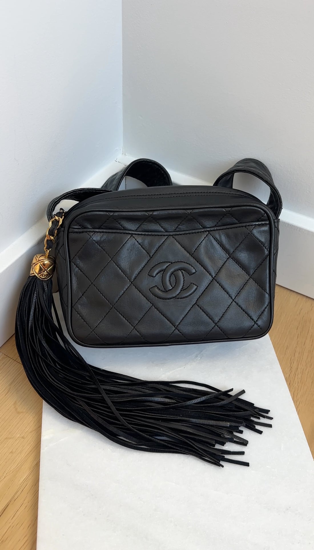Chanel Vintage Black Quilted Leather Tassel Camera Bag