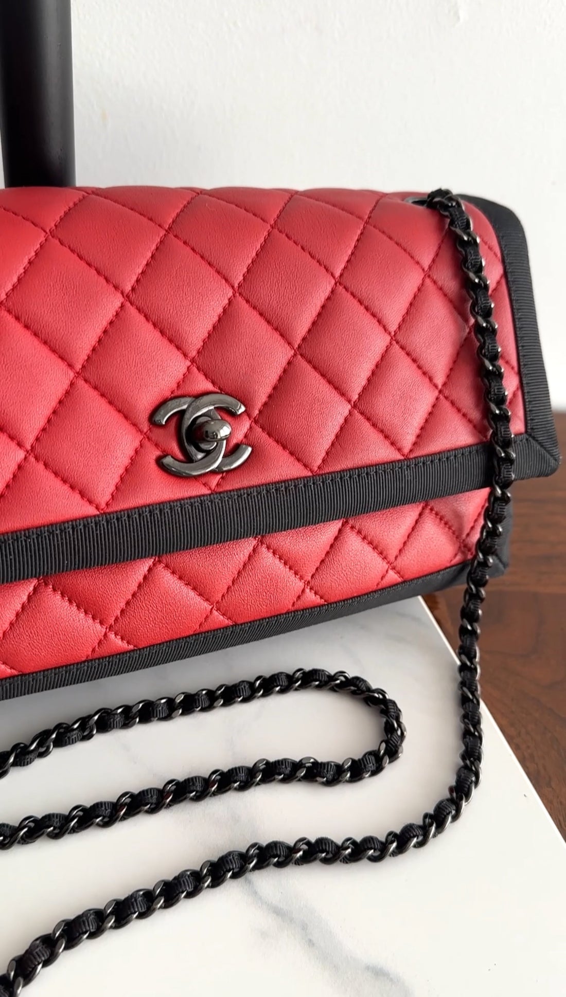 Chanel Red Quilted Leather Grosgrain Trim Chain Flap Bag