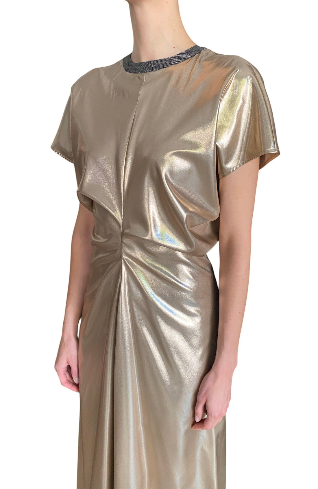 Brunello Cucinelli Brass Lamé Silk Twill Monili Collar Gathered Gown - M / US 6
