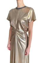 Brunello Cucinelli Brass Lamé Silk Twill Monili Collar Gathered Gown - M / US 6