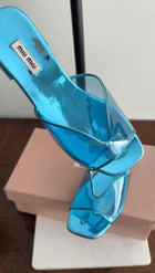 Miu Mu Blue Metallic Leather Clear Flat Sandals - 39.5