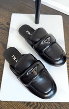 Prada Black Leather Puffy Flat Slide Slippers - 37