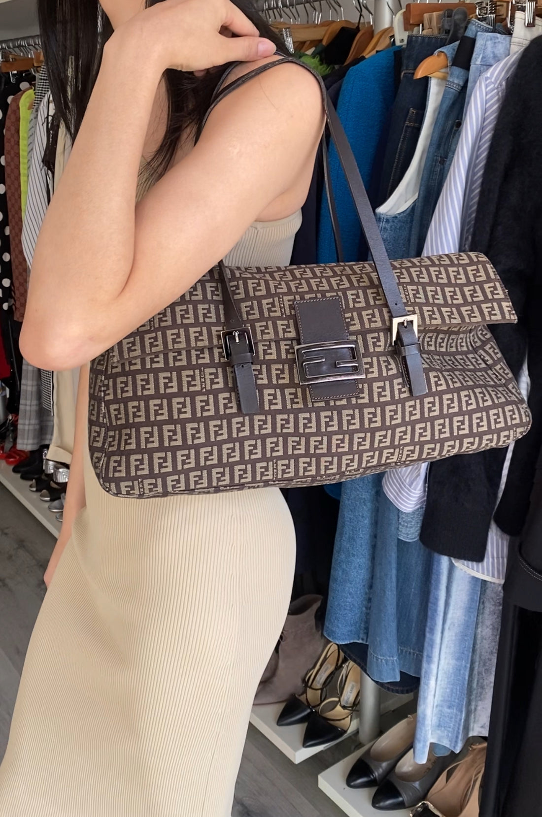 Fendi Brown Zucca Fabric East West Mama Baguette Bag