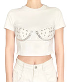Area White Crystal Cup Embellished Jersey Crop Top - M / US 4-6