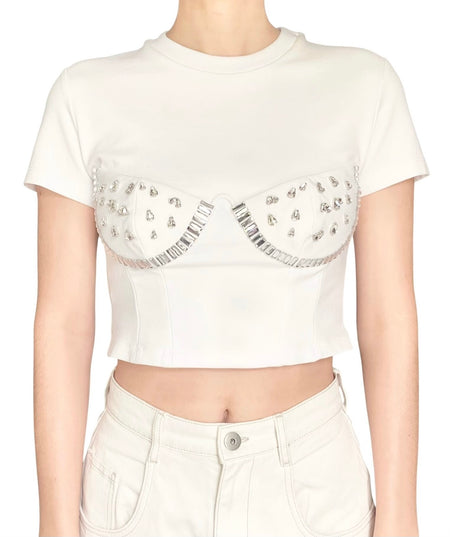 Area White Crystal Cup Embellished Jersey Crop Top - M / US 4-6