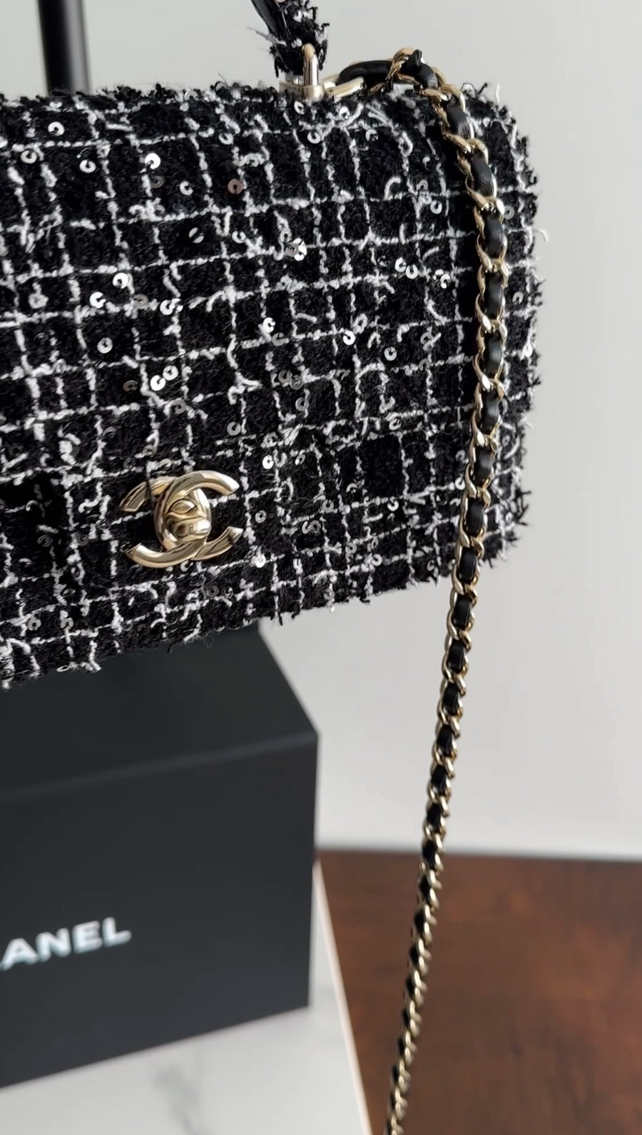 Chanel 24P Black and White Fantasy Tweed Mini Top Handle Chain Bag