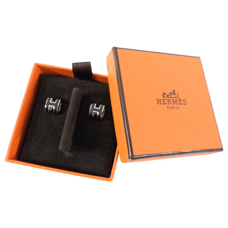 Hermes Mini Pop H Earrings Black and Silvertone