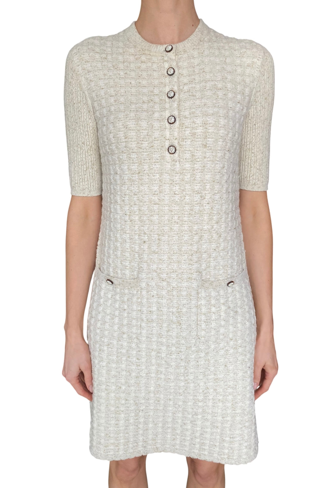 chanel mini dress Chanel 17A Ivory Metallic Houndstooth Tweed Knit Mini Dress