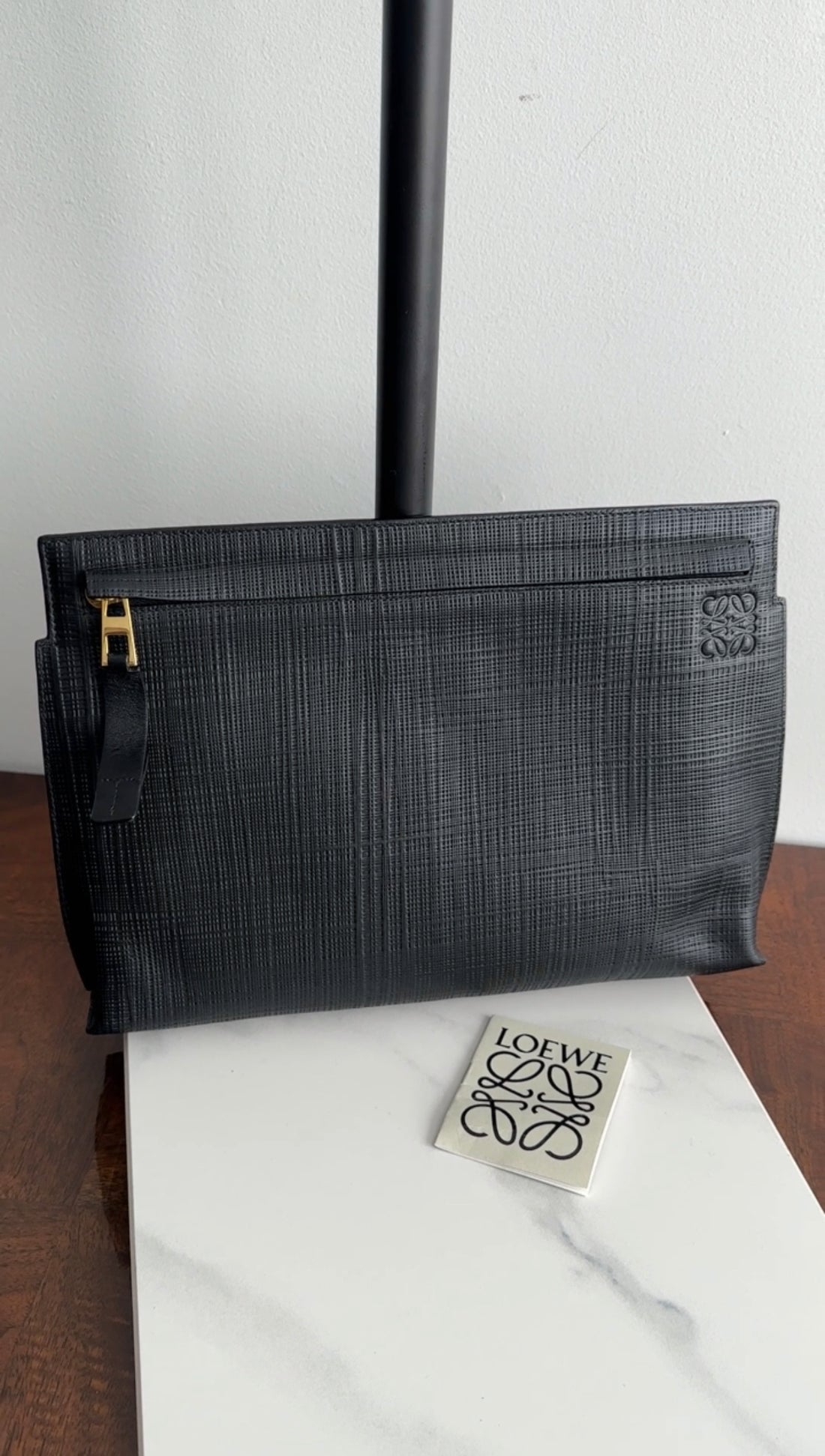 Loewe Black Grained Leather Zip T Pouch Clutch Bag