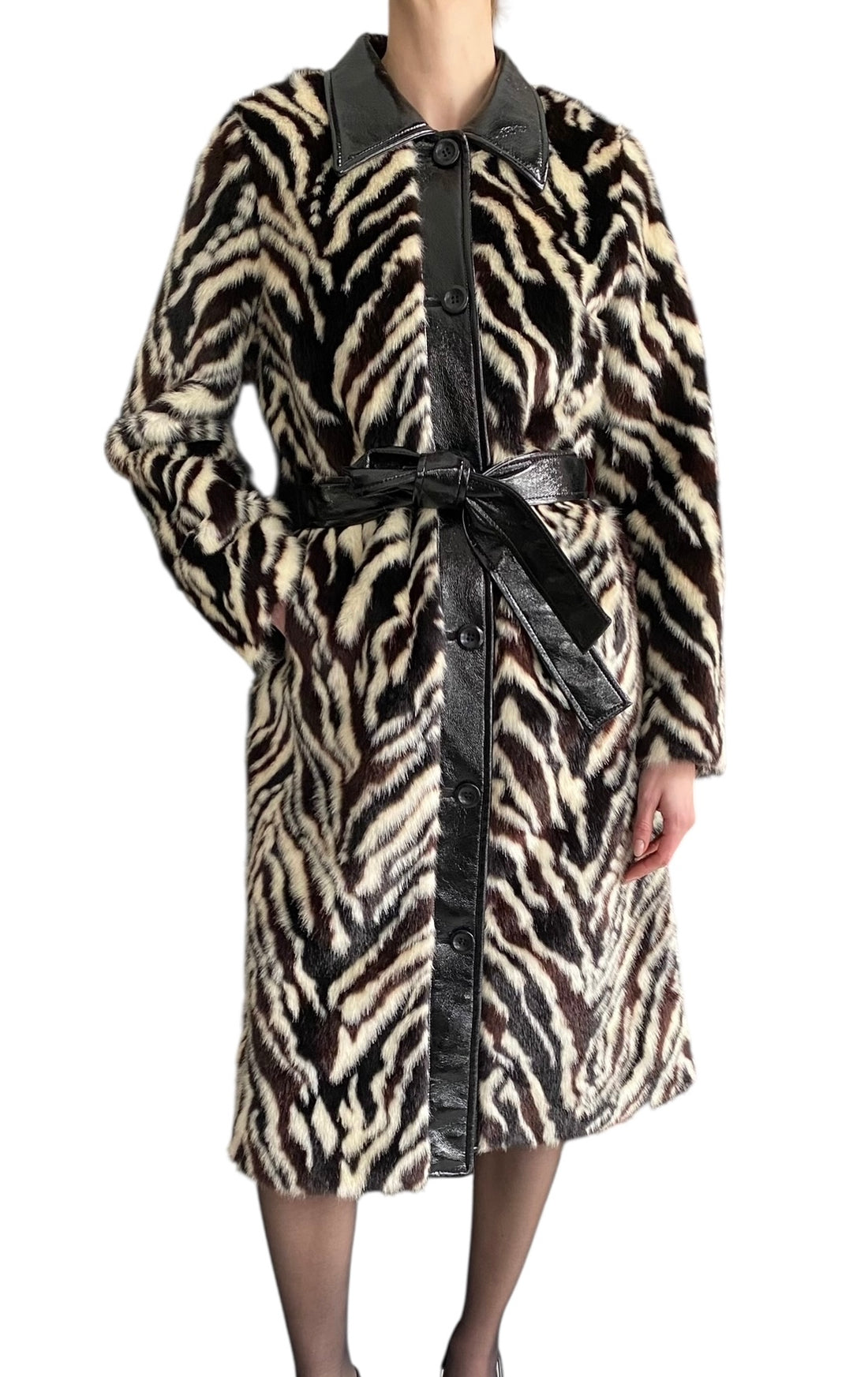 Stand Studio Black & Ivory "Aurora" Zebra Print Faux Fur Coat - 36 / S / US 4
