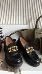 Gucci Black Leather Interlocking GG Jewel Loafers - 39.5