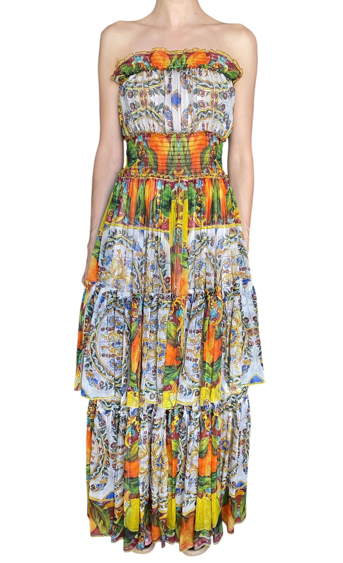 Dolce & Gabbana Orange Printed Silk Chiffon Tiered Strapless Maxi Gown - IT 44 / S-M