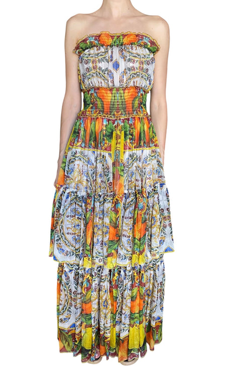 Dolce & Gabbana Orange Printed Silk Chiffon Tiered Strapless Maxi Gown - IT 44 / S-M