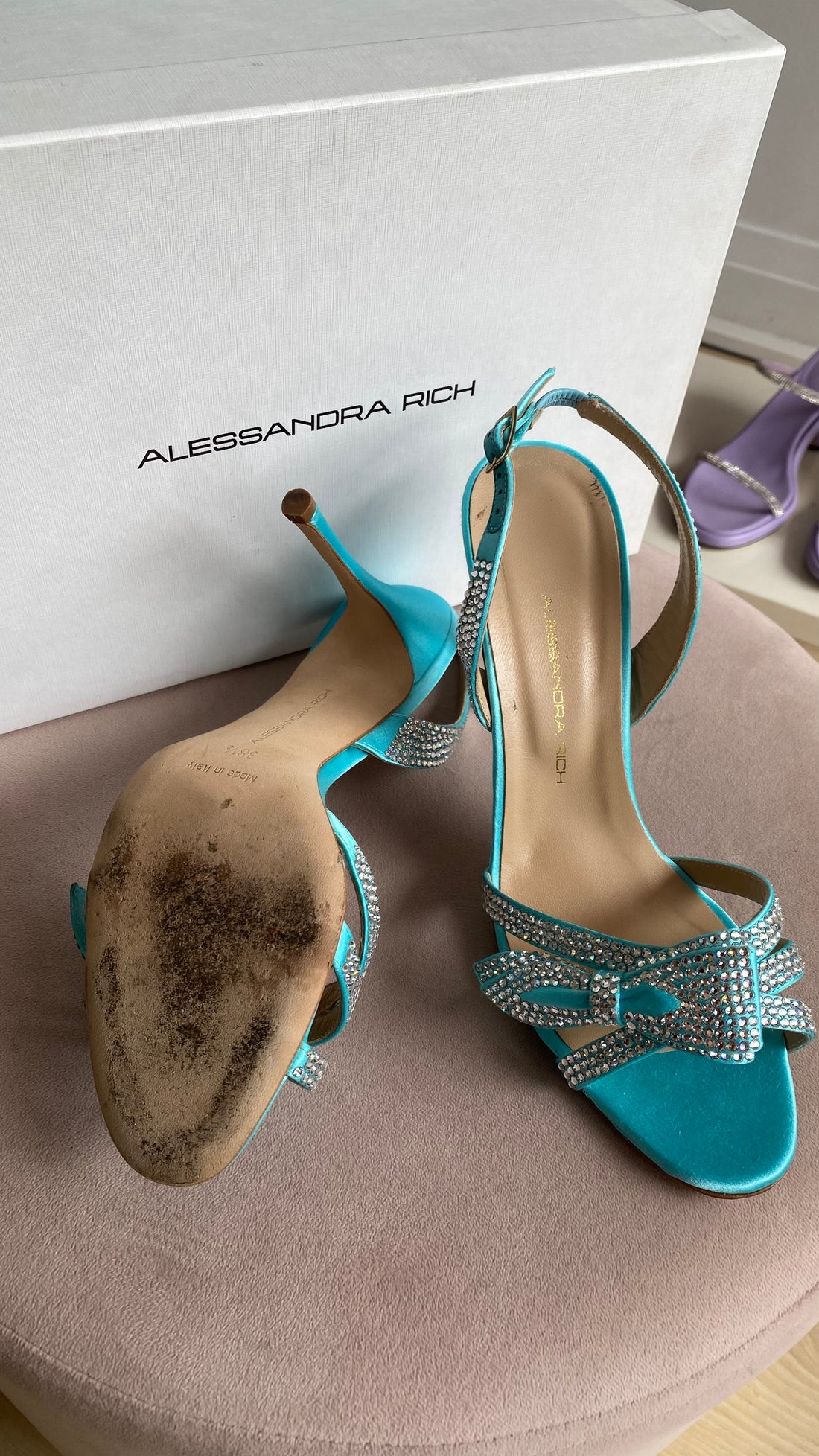 Alessandra Rich Aqua Blue Satin and Rhinestone Slingback Sandals - 38.5