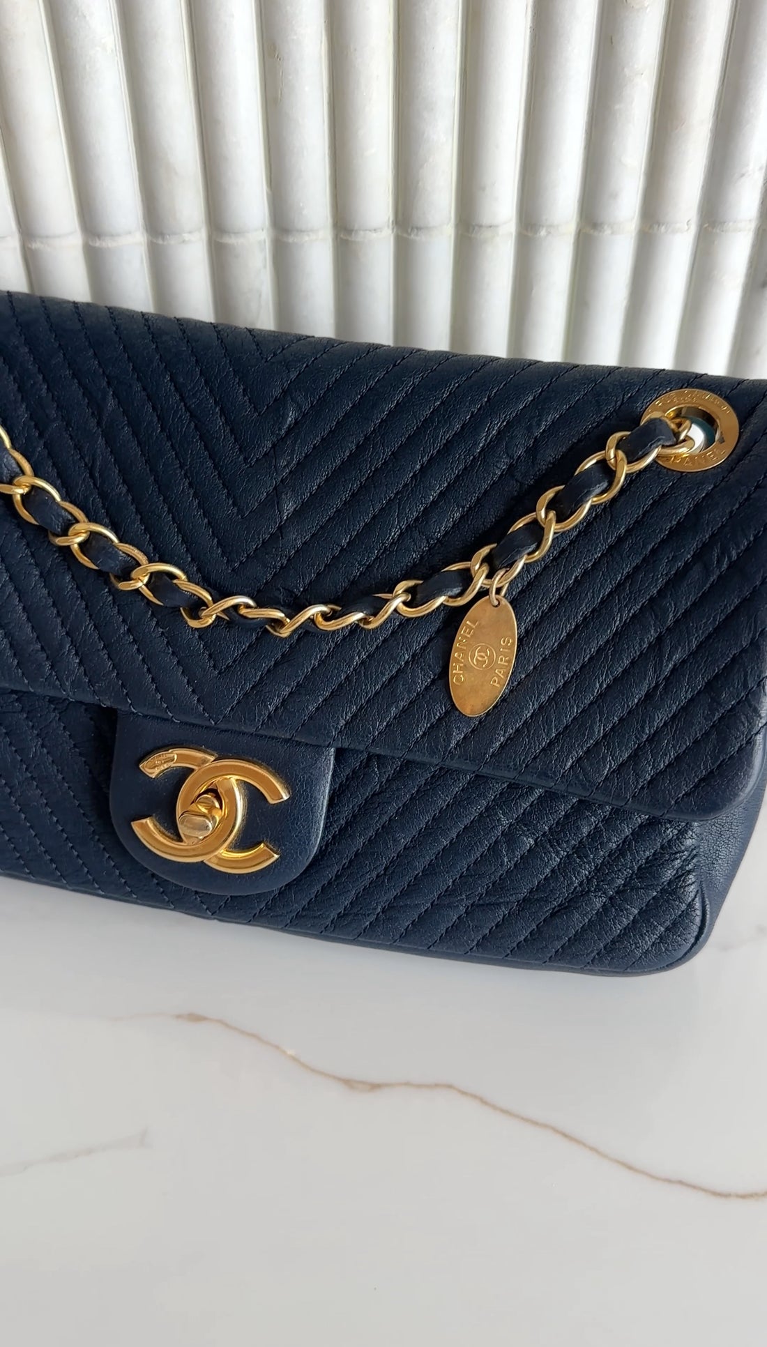 Chanel Surpique Chevron Navy Quilted Leather Medium Flap Bag
