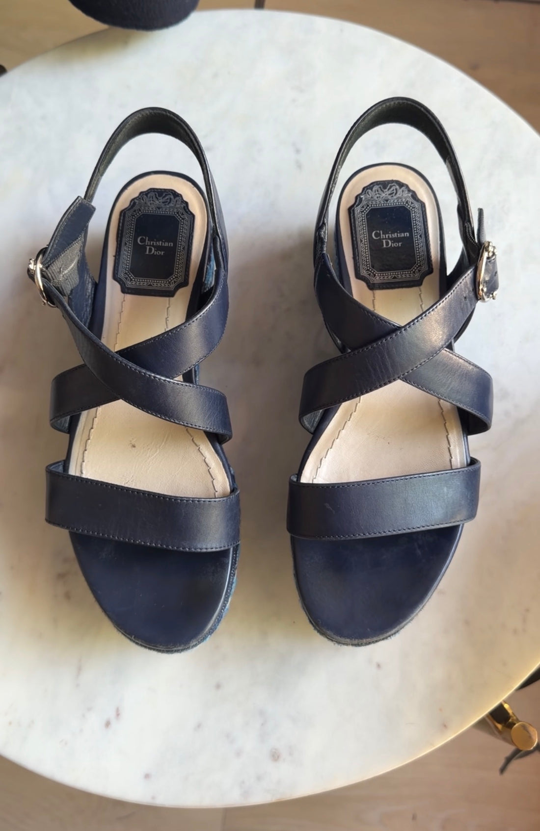 Dior Navy Blue Embroidered Denim Prairie Leather Platform Sandals - 36