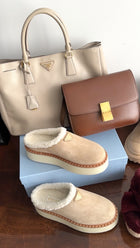 Prada Beige Suede Shearling Platform Mules - 37 / 7