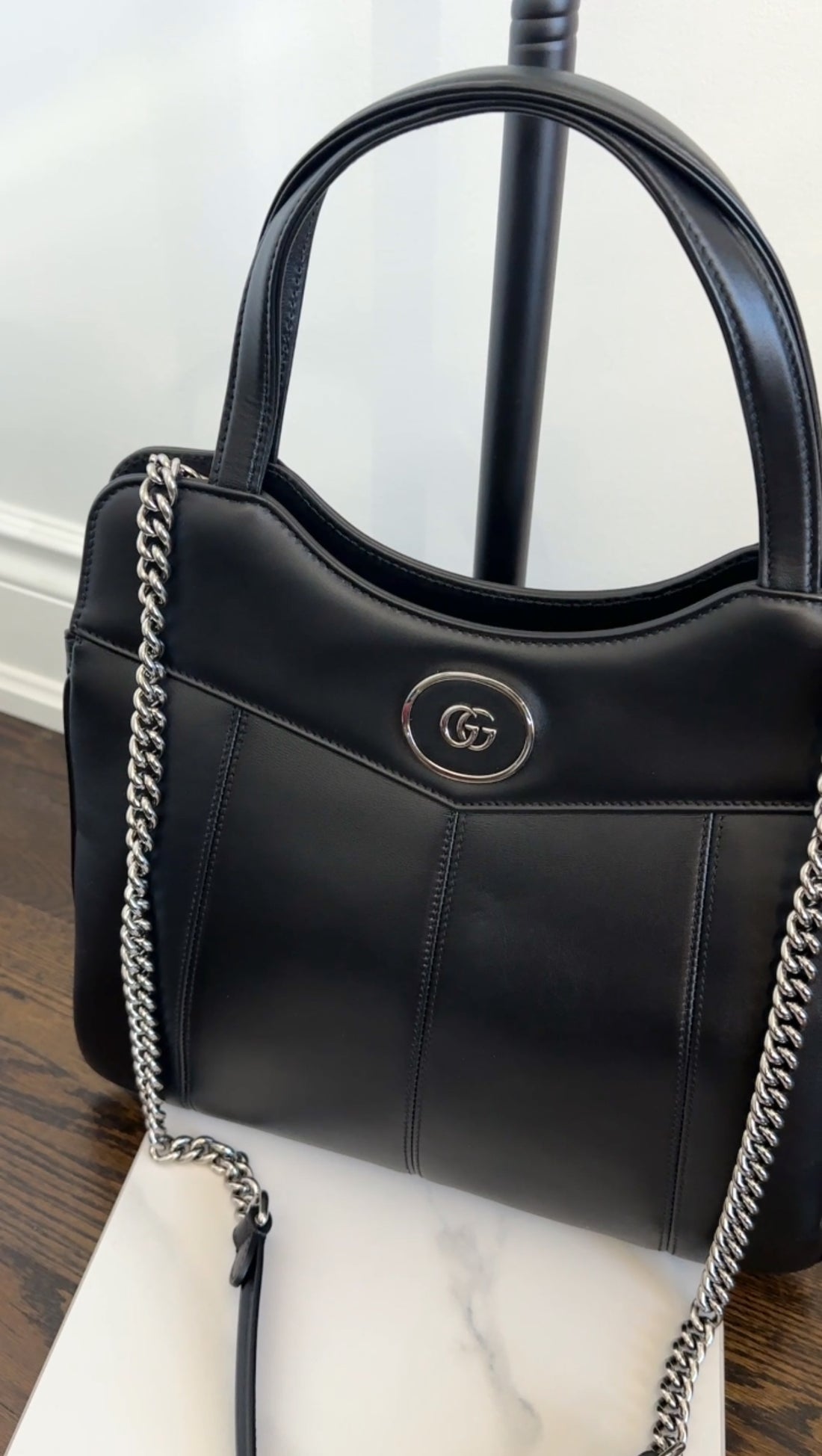 Gucci Black Leather Petite GG Two Way Tote Bag