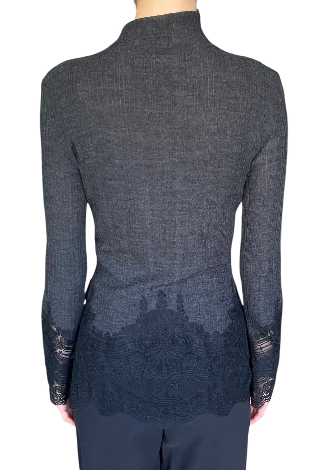 Ermanno Scervino Grey Wool Lace Trim Ribbed Turtleneck - IT 44 / US 8