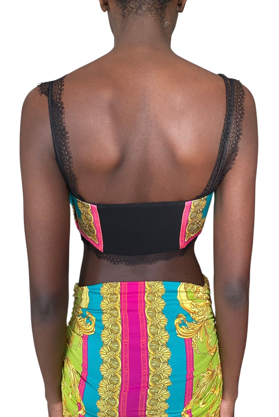 Versace Pink & Green “Borocco Goddess” 2-Piece Silk Bralette / Skirt Set - 40 / US 4