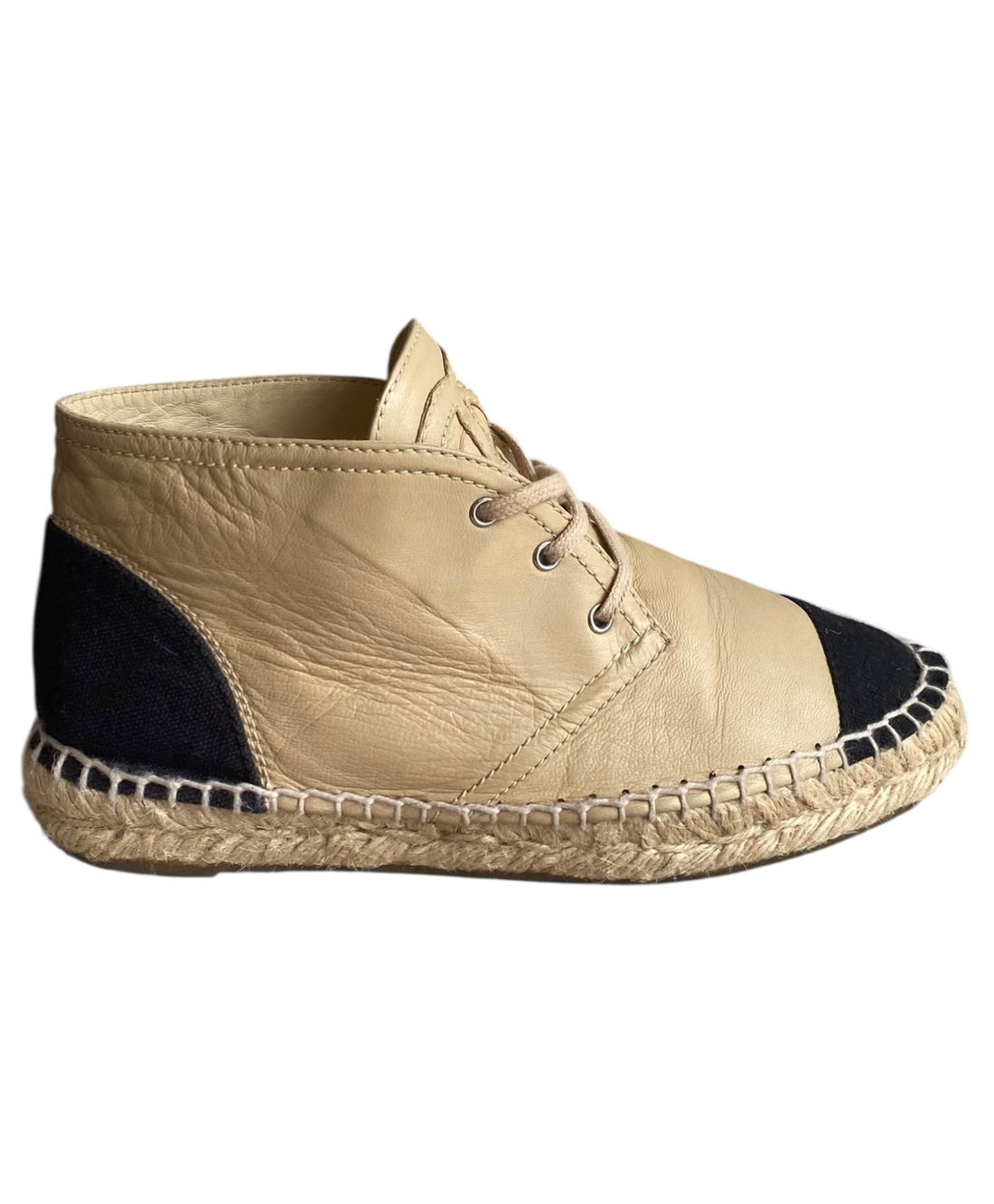 Chanel CC Beige Leather Black Canvas Cap Toe Espadrilles - 36