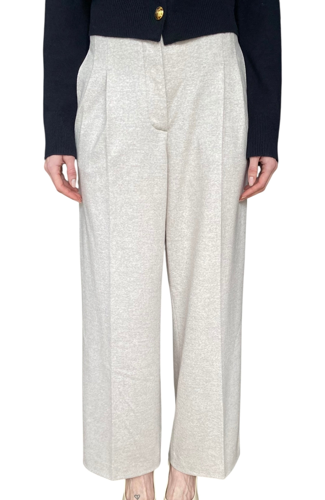 Iris Von Arnim Oatmeal Beige Wool Pleated Wide Leg Trousers  - 36