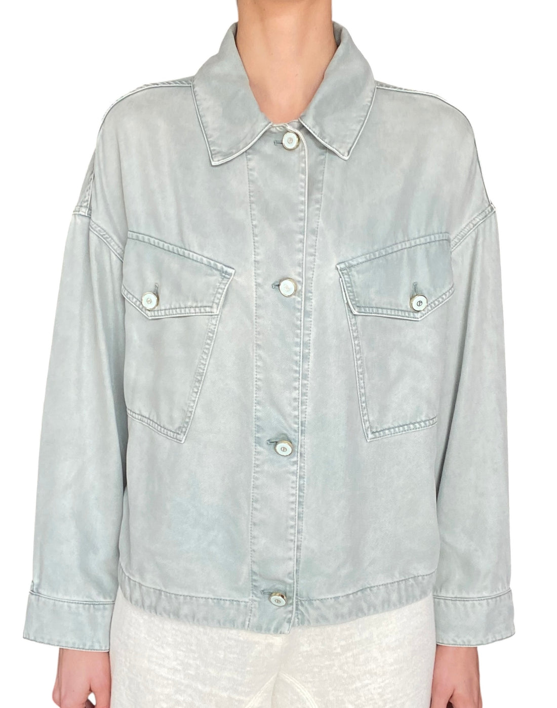 Giorgio Armani Mint Green Denim Chambray Shirt Jacket - 40 / US 6-8